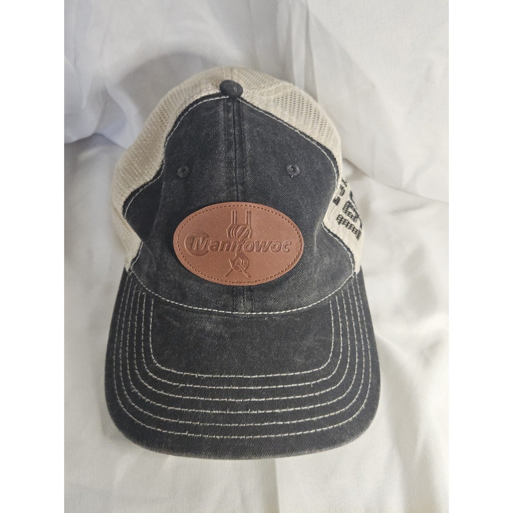 Manitowoc Cranes‎ Trucker Hat Faded Black Denim Mesh Snapback Leather Patch 1902